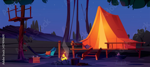 Summer forest with tent at night. Camp in mountains, glamping with campfire, hammock and tent on wooden terrace. Nature landscape with site for picnic, vector cartoon illustration