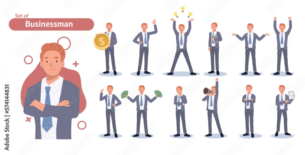 Businessman character set. Different poses and emotions. Flat Vector illustration