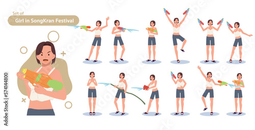 Thai water festival concept. woman, girl in Songkran Festival character set. Different poses and emotions. Flat Vector illustration