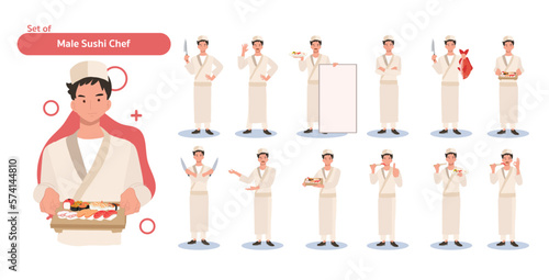 Male sushi chef character set.Japanese chef in Different poses and emotions. Flat Vector illustration