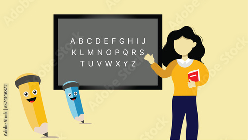 Teacher teaching english alphabets in school on a chalkboard photo