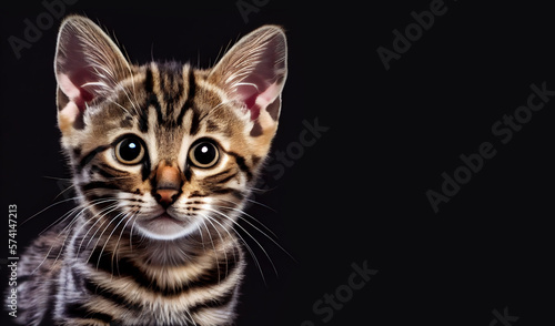 Cute tabby kitten dark background. Space for text. Adorable portrait of a kitten. Cute cat. Digital ai art	
