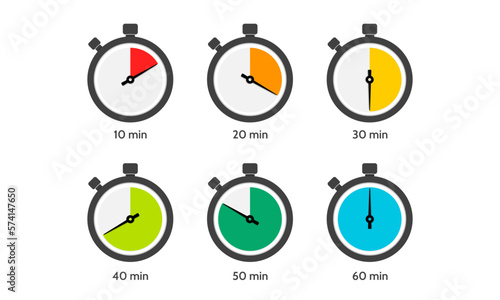 Timer, clock, stopwatch. Intervals vary every 10 minutes. Vector illustration.