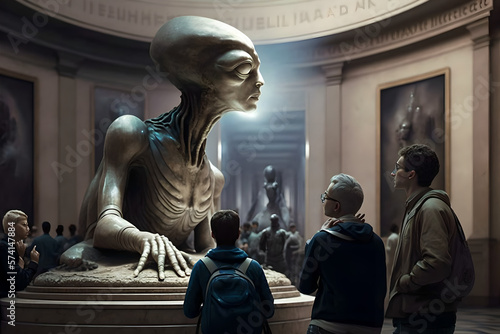 A museum showing a display of ancient aliens that once visited our planet, amazing and futuristic, huge sculptures, men and other aliens come to visit and see