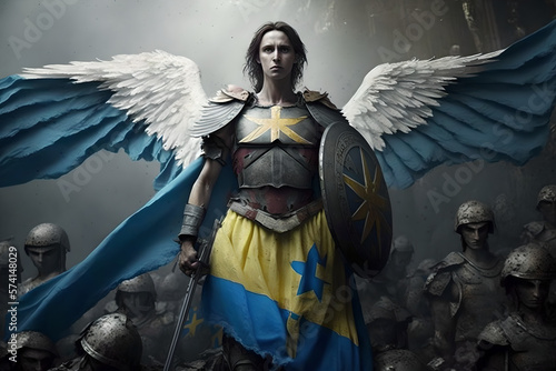 A heroic ukrainian soldier with wings superpowered angel is here to fight for ukraine and kill and destroy the russian invasion, fantasy and hope, portrait photo