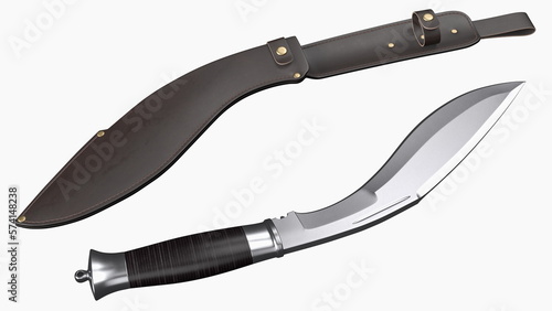 Modern Kukri knife with a leather scabbard. 3D rendering