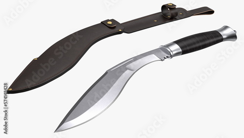 Fotografía Modern Kukri knife with a leather scabbard. 3D rendering