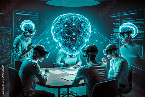 Scientists working in an amazing holographic lab to solve the mysteries of disease, cancer and the universe. Blue spheres and 3D data are all around. The future of science and work office photo