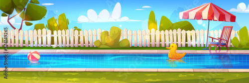 Backyard swimming pool on summer day. Vector cartoon illustration of home garden with green grass, bushes and trees, poolside chair and parason, toy ball and duck floating on water. Family party