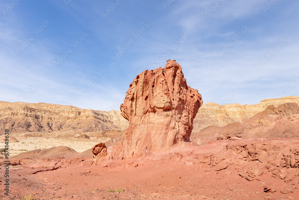 Mushroom  rock, a rock formed by the erosion of red sandstone in the national park Timna, near the city of Eilat, in southern Israel