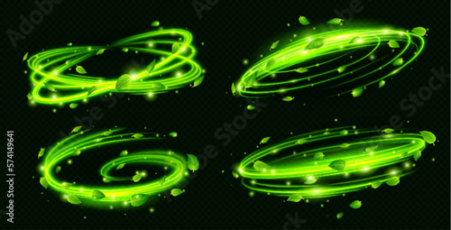 Abstract fresh air swirls with green foliage and sparkles isolated on transparent background. Vector realistic illustration of wind flow effect, mint or tea leaves and glowing particles. Herbal flavor