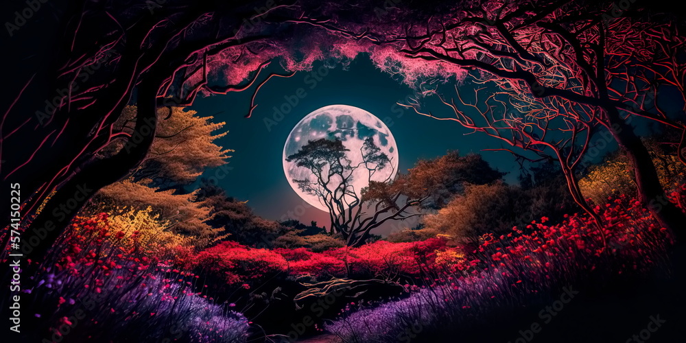 Mysterious mystical forest in the night light of the moon. Generative AI