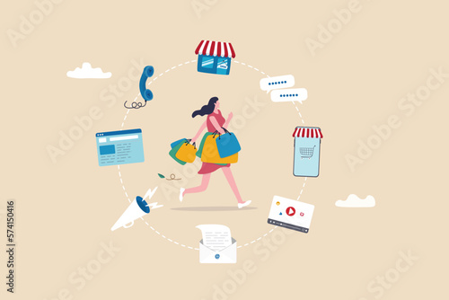 Canvastavla Omnichannel marketing, multi channel for customer to buy products, young woman customer with shopping bags buying from multi channel store, website, mobile and other chat and call center