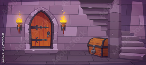 Dungeon door in medieval castle with wood chest and stairs cartoon game background. Brick wall from stone and ancient torch near wood gate vector illustration. Closed entrance to portal in catacombs