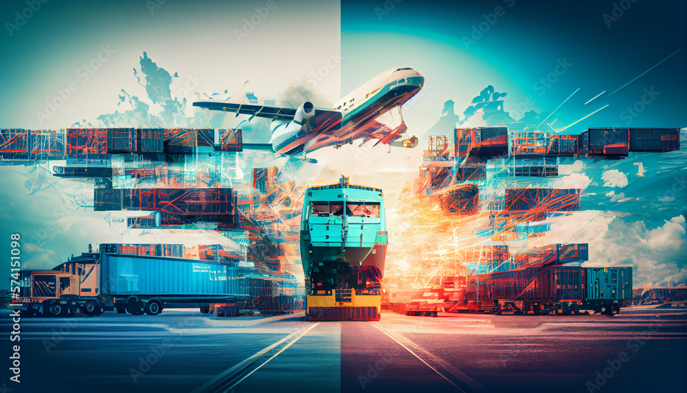 Double exposure of Industrial Container Cargo freight ship, truck ...