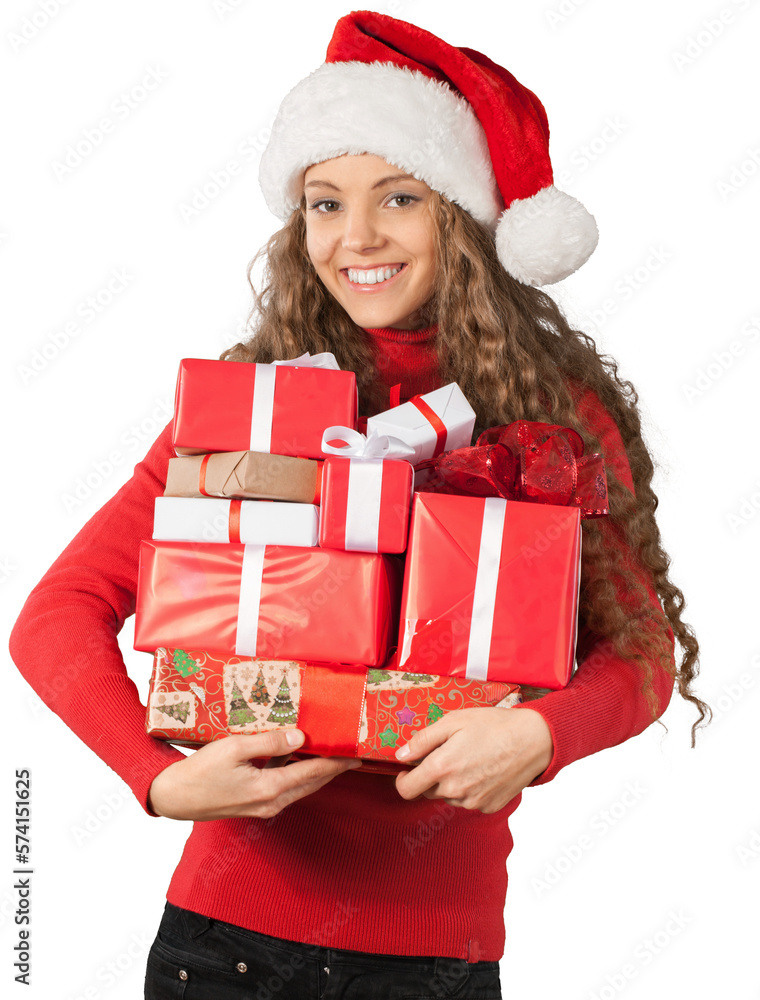 Young Woman In Santa Hat Holding Presents - Isolated Young Woman In Santa Hat Holding Presents - Isolated