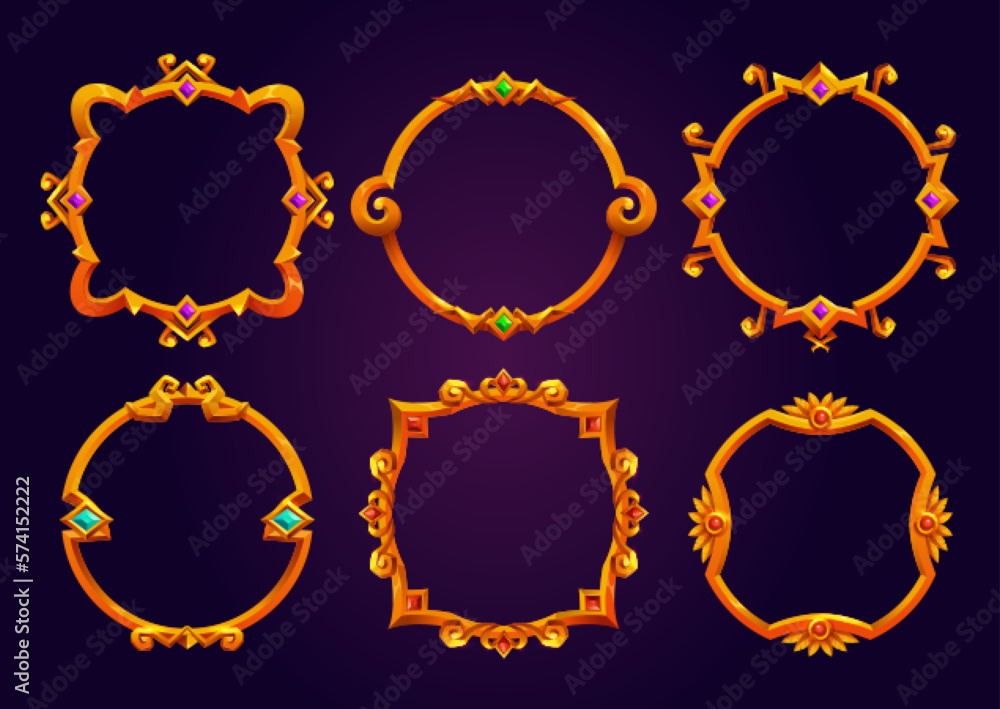 Set of fantasy round game frames isolated on background. Vector cartoon illustration of fancy medieval borders made of gold, decorated with ornament and gems. Ui symbol of royal rank, level Set of fantasy round game frames isolated on background. Vector cartoon illustration of fancy medieval borders made of gold, decorated with ornament and gems. Ui symbol of royal rank, level