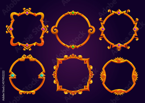 Set of fantasy round game frames isolated on background. Vector cartoon illustration of fancy medieval borders made of gold, decorated with ornament and gems. Ui symbol of royal rank, level