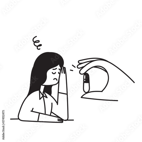 hand drawn doodle Hand giving pills to depression person illustration