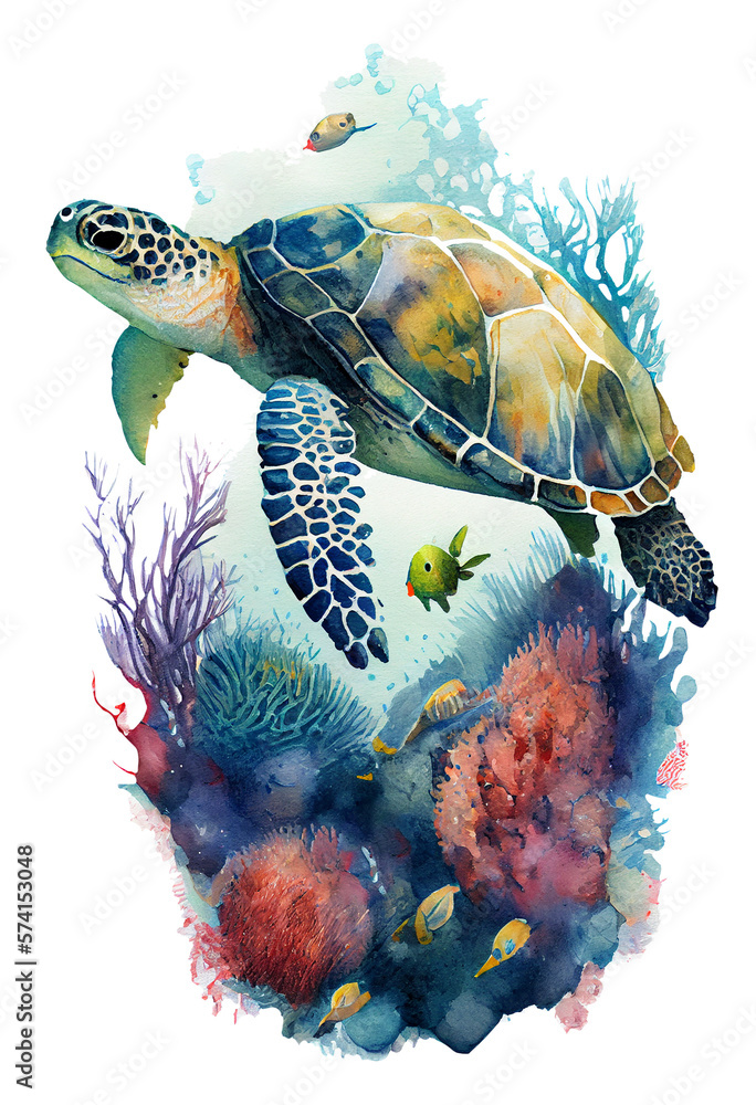 Watercolor of sea turtle, turtle swimming underwater in the ocean ...