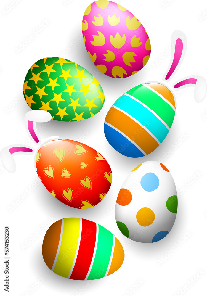 Colorful Easter eggs decorated with rabbit ear. Holiday composition illustration. Happy Easter day concept.
