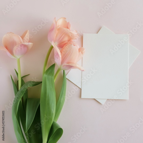 Fototapeta Naklejka Na Ścianę i Meble -  Greeting card mockup and pink tulip flowers on beige background top view flatlay. Blank mock up with copy space.