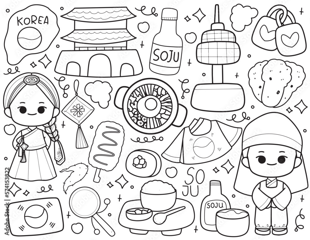 Korean famous landmarks and symbol outline cartoon Korean famous landmarks and symbol outline cartoon