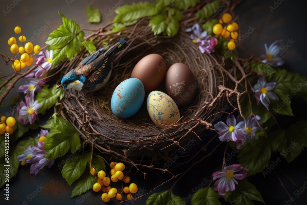 Happy Easter concept with easter eggs in nest and spring flowers.generative Ai