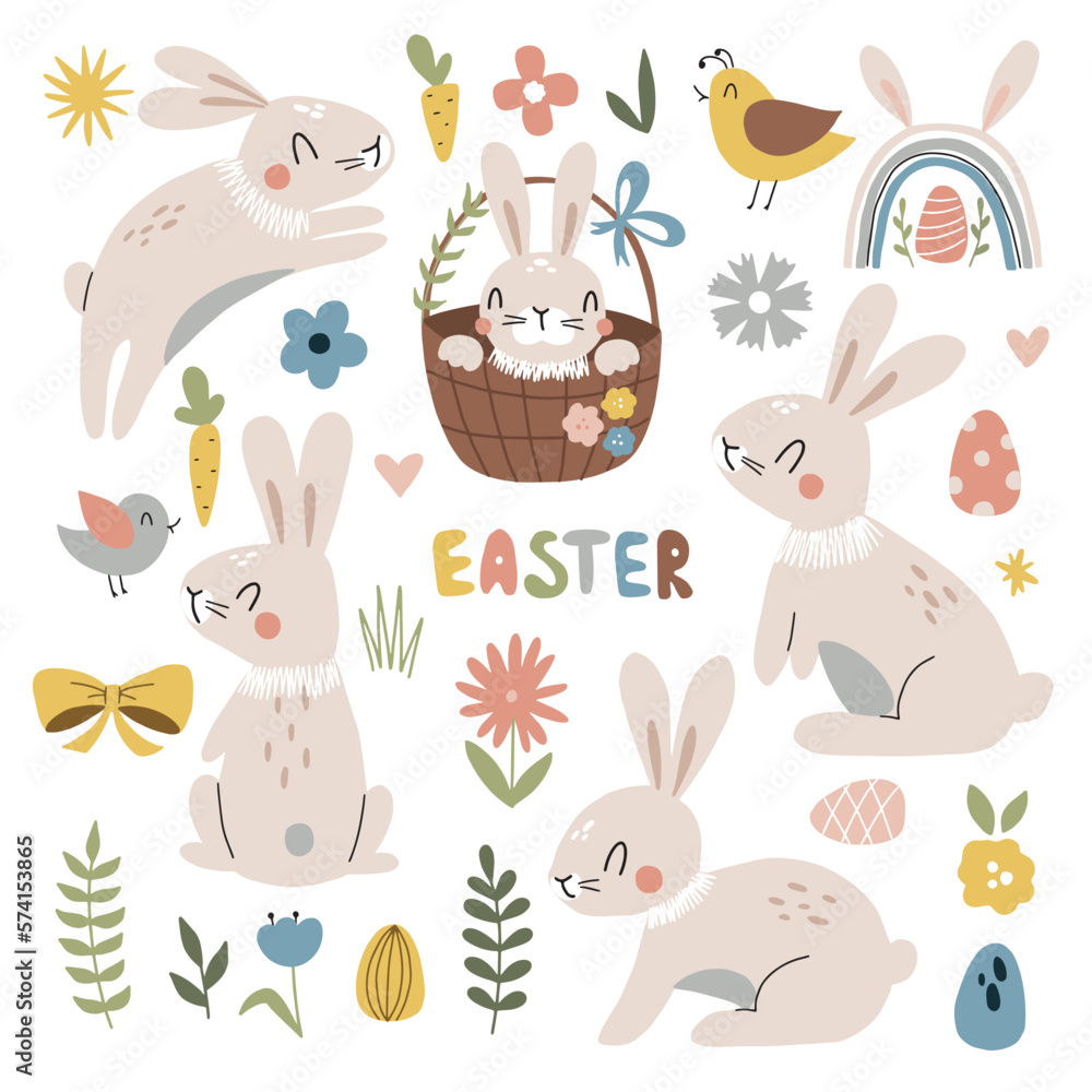 Easter cute bunny with painted eggs set. Adorable easter rabbit with traditional festive decor and calligraphy lettering. Easter cute bunny with painted eggs set. Adorable easter rabbit with traditional festive decor and calligraphy lettering.