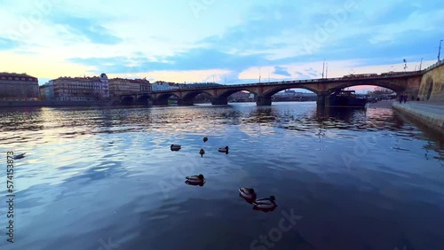 Vltava River and Palacky Bridge on sunset, Prague, Czechia photo