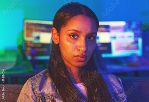 Hacker, portrait or serious face in neon house with cybersecurity ransomware ideas, phishing vision or coding innovation. Programmer, developer or woman in dark home and secret software virus or code