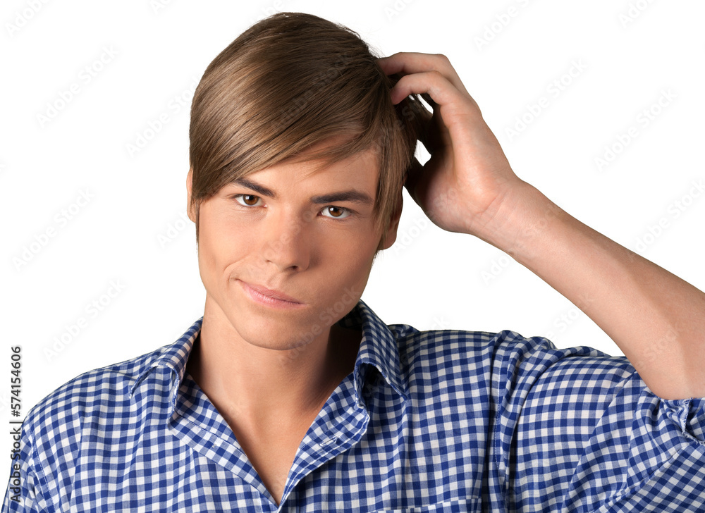 Portrait of young handsome man in blue shirt isolated on white background Portrait of young handsome man in blue shirt isolated on white background