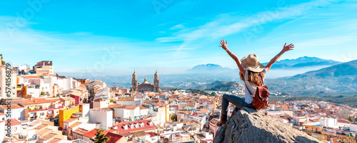 Woman tourist at Jaen, looking at panoramic view of the cathedral- Spain