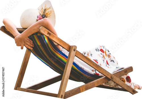 Tableau sur toile Rear view of relax traveler asian woman sitting on beach chair isolated transpar
