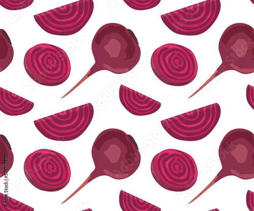 Whole beetroot with cut halves isolated on white background. Seamless pattern in vector. For print and background. Healthy, natural vegetables.