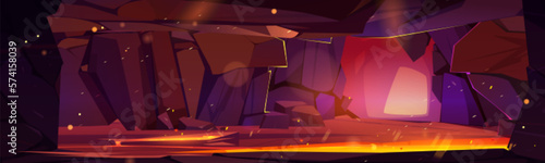 Cartoon cave with hot lava river. Vector illustration of landscape inside rocky mountain, flow of red and orange magma between stone walls with splashes and sparkles. Volcano interior game background