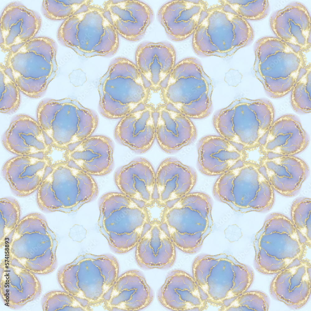 Seamless pattern with blue and gold flowers petal Seamless pattern with blue and gold flowers petal