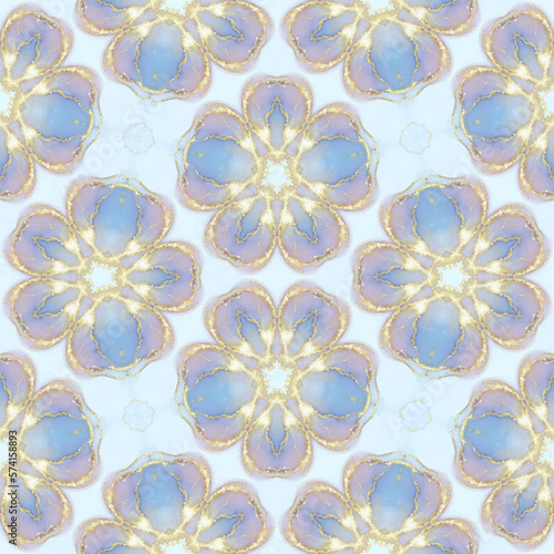 Seamless pattern with blue and gold flowers petal 