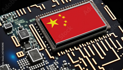 Chinese flag on circuit board with microchips. Generative AI