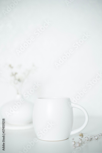Still life in naturalistic style. A white cup on a white background and a bouquet of dried flowers in a vase