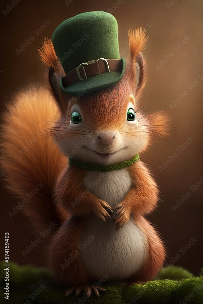 Beautiful Saint Patrick's Day Parade Celebrating Cute Creatures, Nature, and Biodiversity: Squirrel Animal in Festive Green Attire Celebration of Irish Culture and Happiness (generative AI)