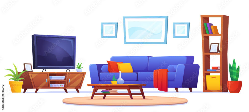 Home interior with furniture and tv. Living room with blue sofa, television set on stand, coffee table, carpet, bookcase, plants and pictures on wall, vector cartoon illustration isolated on white Home interior with furniture and tv. Living room with blue sofa, television set on stand, coffee table, carpet, bookcase, plants and pictures on wall, vector cartoon illustration isolated on white