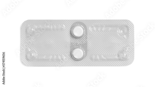 Blister of emergency contraception pills isolated on white, top view photo