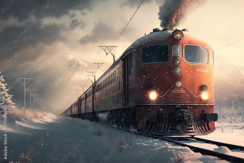 Vintage old locomotive train machine at snow forest railway Stock ...