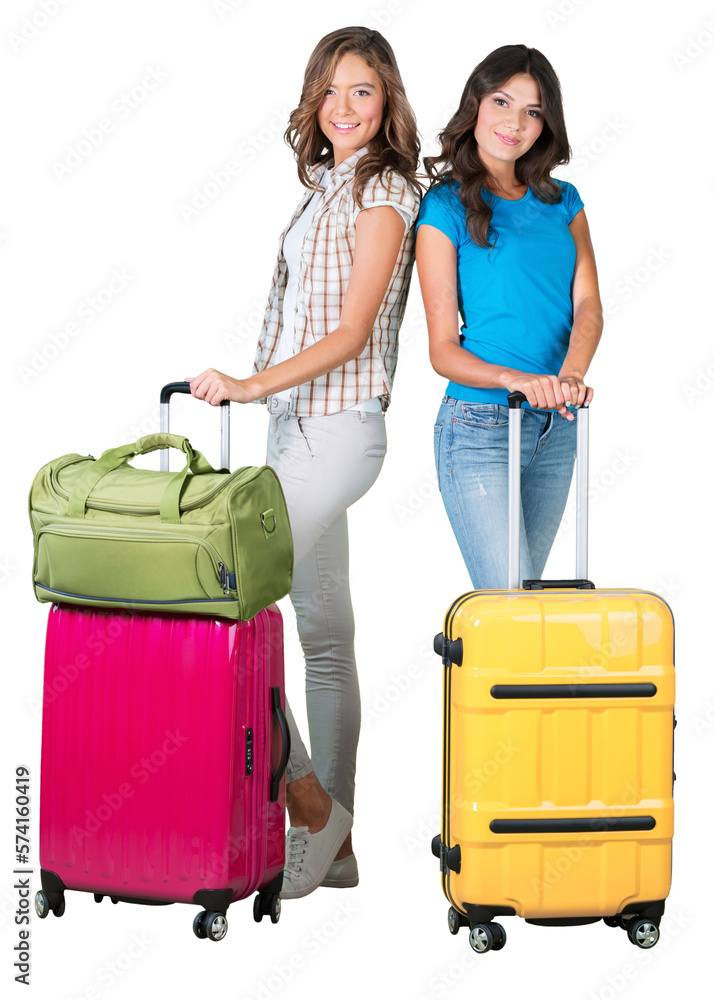 Two Female Tourists with Suitcases Isolated Two Female Tourists with Suitcases Isolated