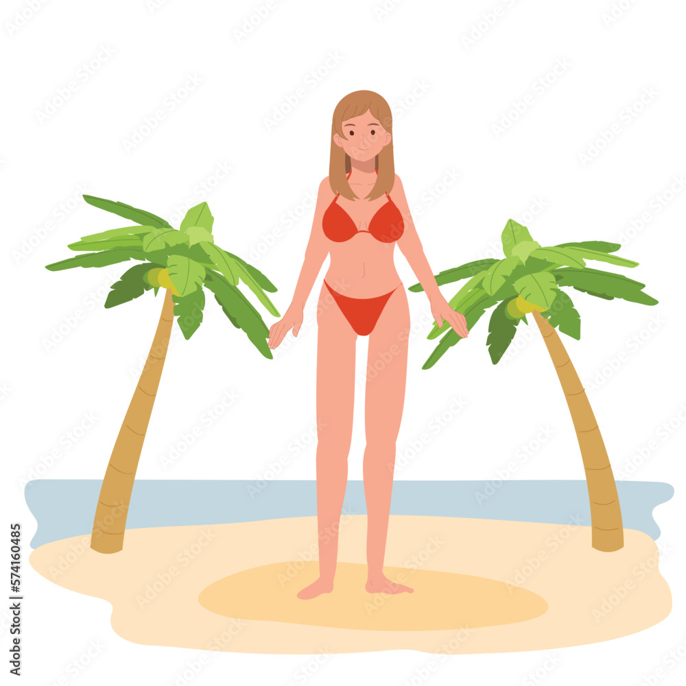 summer beach vacation theme. Happy girl in bikini on the beach.Flat Vector illustration