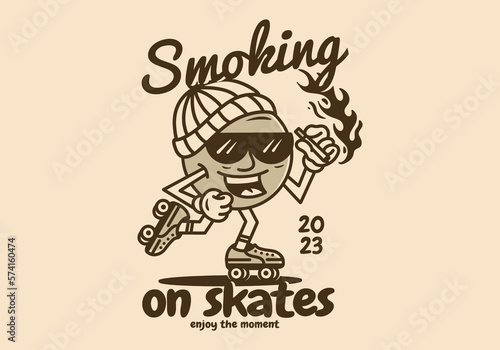 ball character holding cigarette on roller skates