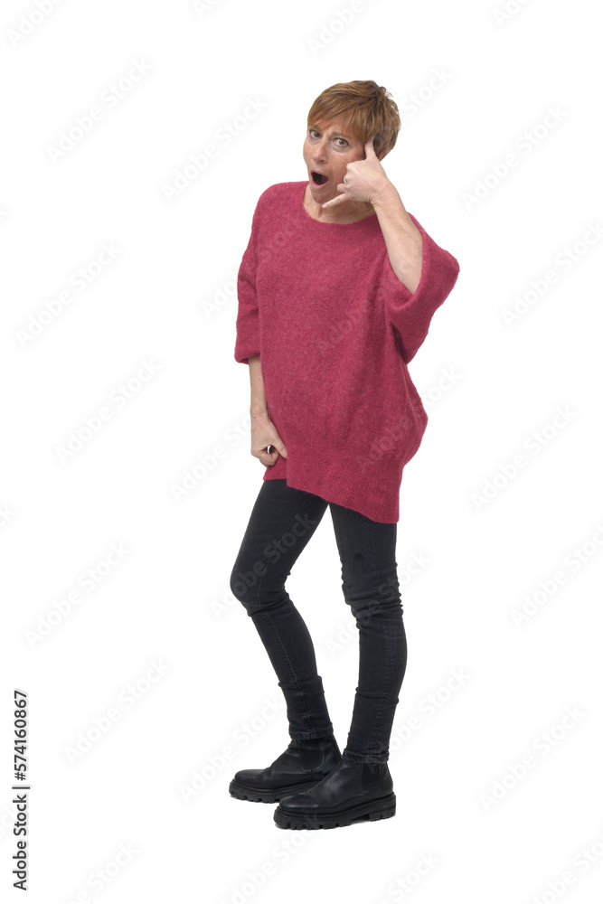side view of a woman making phone gesture and face expression and open mouth white background side view of a woman making phone gesture and face expression and open mouth white background