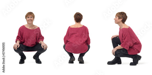 various poses on same woman squatting on white background