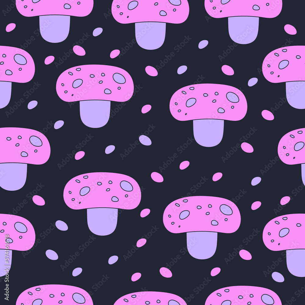Seamless pattern, background with neon hand drawn mushrooms in hippie style
